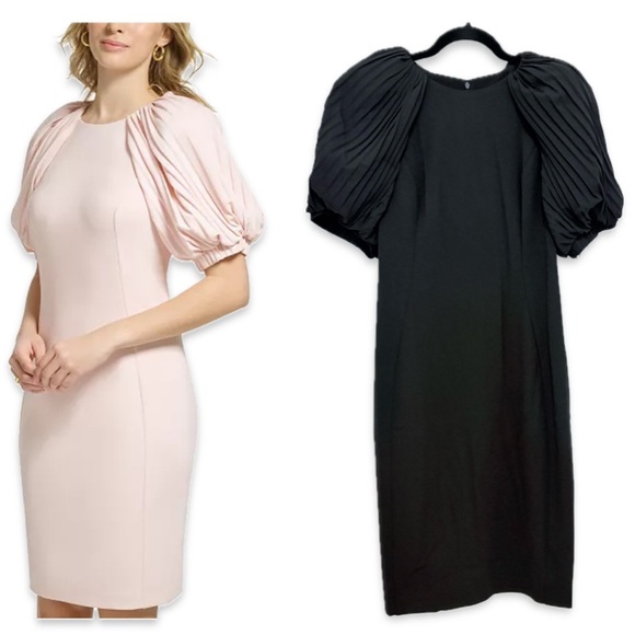 NWT [Calvin Klein] Midi Puff Pleated-Sleeve Stretch Sheath Dress Black Womens 10 - Picture 1 of 12